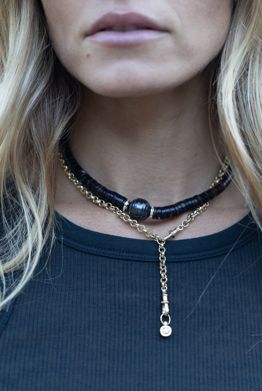 Black Heishi & Diamond Tahitian Pearl Necklace