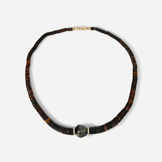 Black Heishi & Diamond Tahitian Pearl Necklace