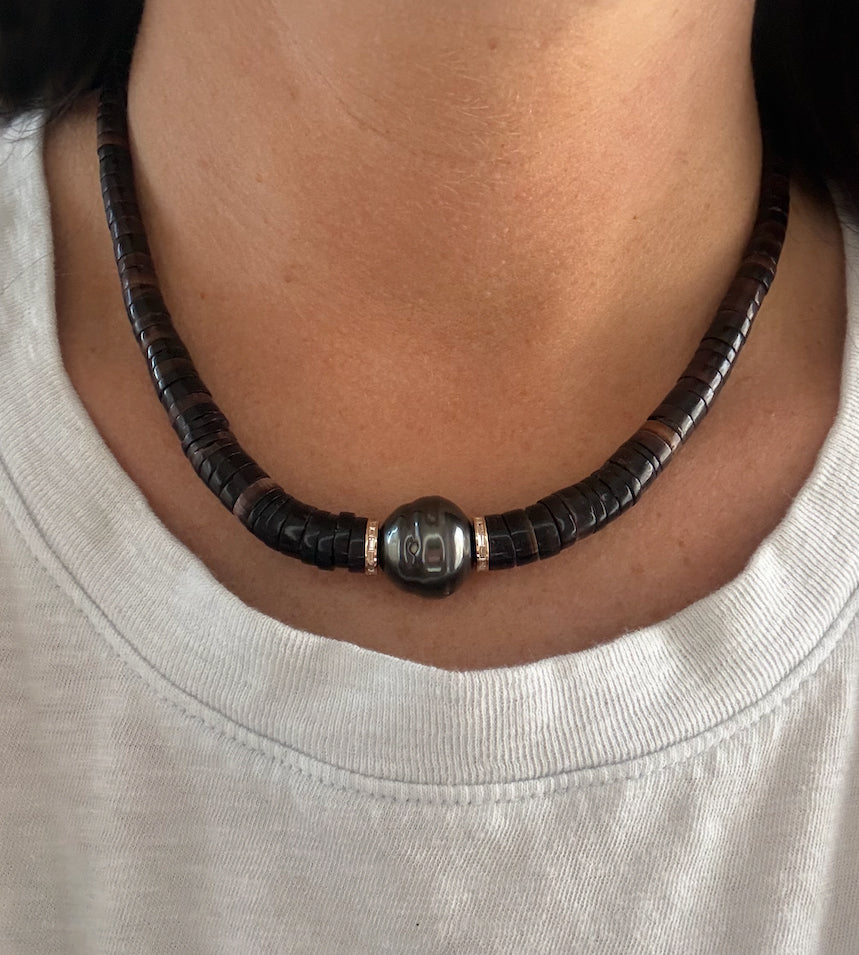 Black Heishi & Diamond Tahitian Pearl Necklace