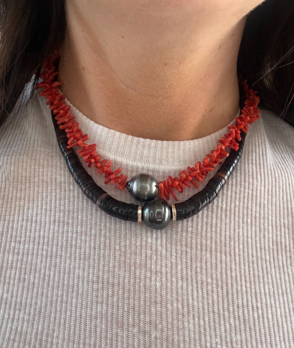 Black Heishi & Diamond Tahitian Pearl Necklace
