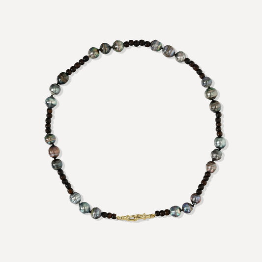 Natural Wood and Tahitian Pearl Necklace